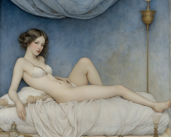 Serene Woman Reclining on Soft Bed with Accessories