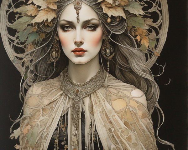 Illustration of pale-skinned woman with red lips in ornate headdress and robes