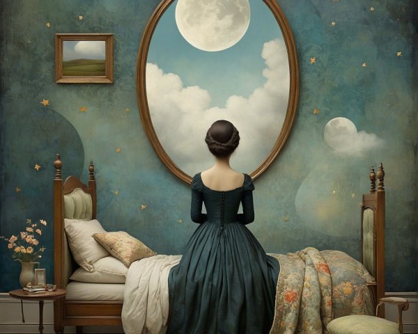 Vintage Dress Woman Reflecting in Ornate Mirror Scene