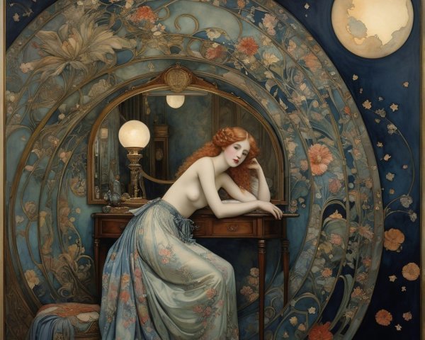Woman at Vanity in Dreamlike Art Nouveau Setting