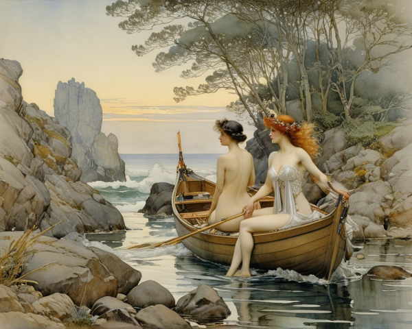 Serene Scene of Two Women in a Wooden Boat at Sunset