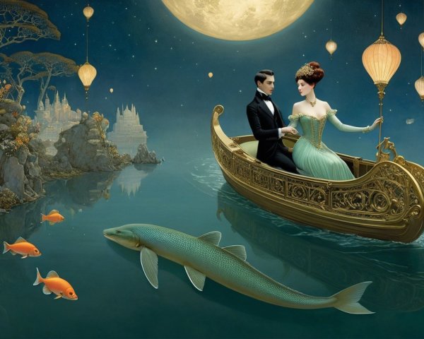 Elegant Couple in Golden Boat on Moonlit Waters