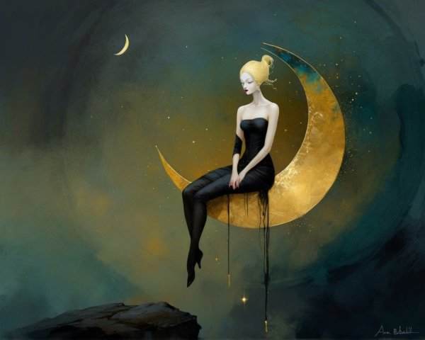 Elegant figure in black dress on crescent moon