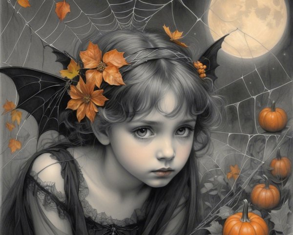 Young girl in autumn setting with bat wings and pumpkins
