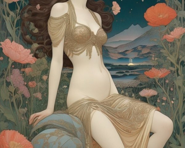 Serene figure in gold attire among blooming flowers