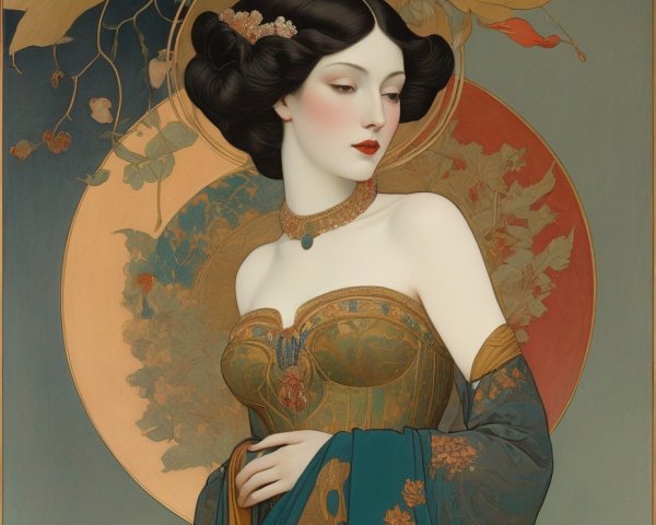 Graceful Woman in Intricate Gown Holding Lotus Flower