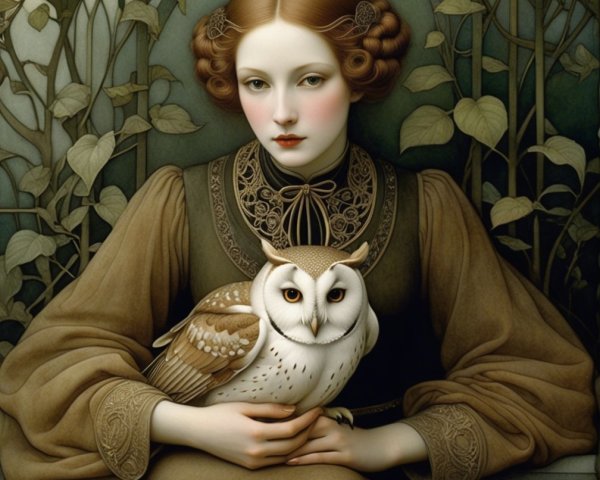 Young woman in earthy dress with white owl in nature