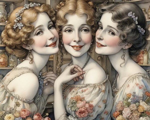 Elegant Women in Vintage Setting with Floral Accents