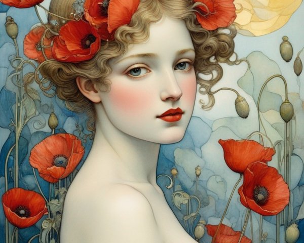 Woman in Art Nouveau Style with Poppies and Wheat