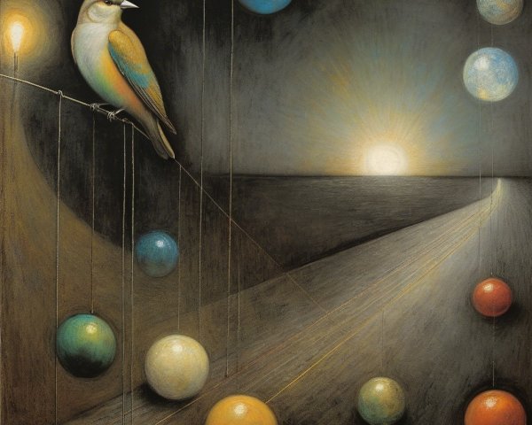 Colorful Bird on Wire in Dreamlike Cosmic Scene