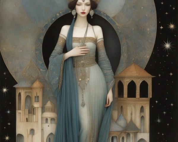 Medieval-themed artwork featuring a woman in celestial setting