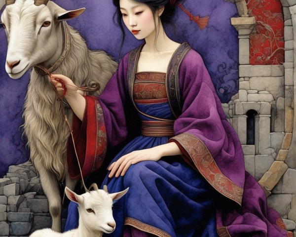 Serene Woman in Traditional Attire with Two Goats