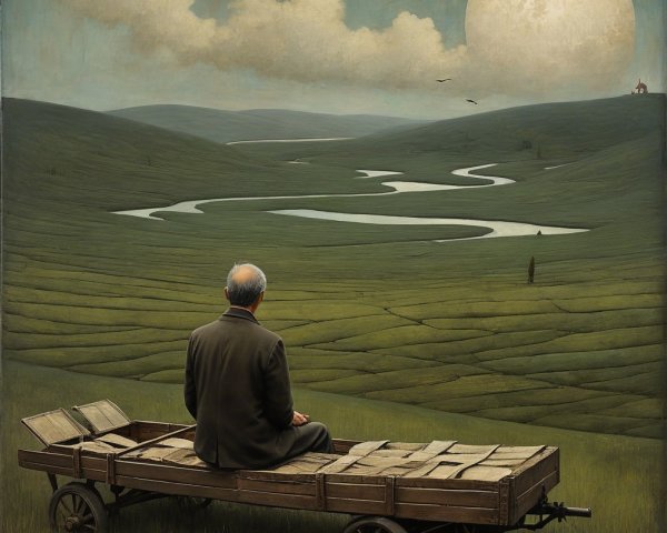 Elderly Man on Cart Overlooking Serene Landscape