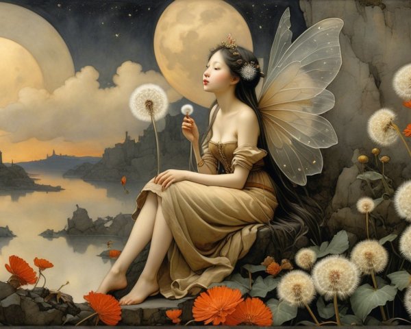 Fairy on Rocky Shore with Moons and Flowers