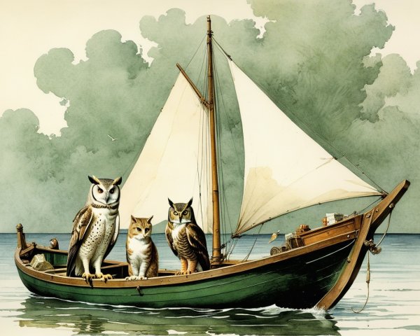 Three Owls on a Vintage Boat in a Serene Setting