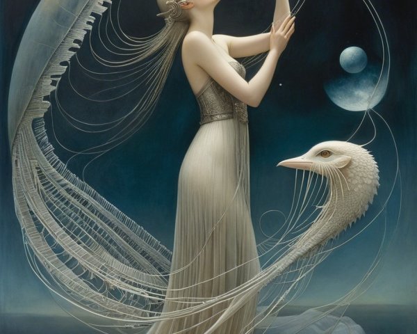 Surreal Scene of Woman in White Gown and Cosmic Landscape