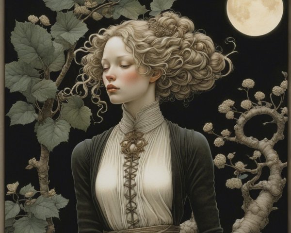 Serene Young Woman Surrounded by Nature and Moonlight