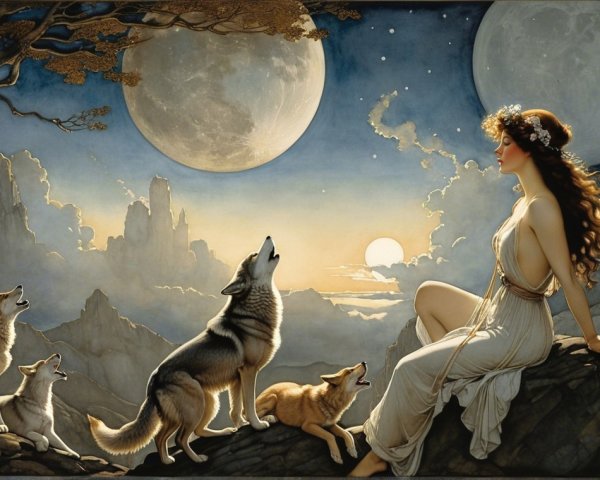 Woman in White Dress with Wolves at Twilight