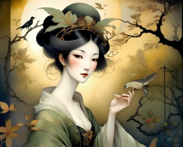 Serene Illustration of Woman in Eastern Attire with Birds