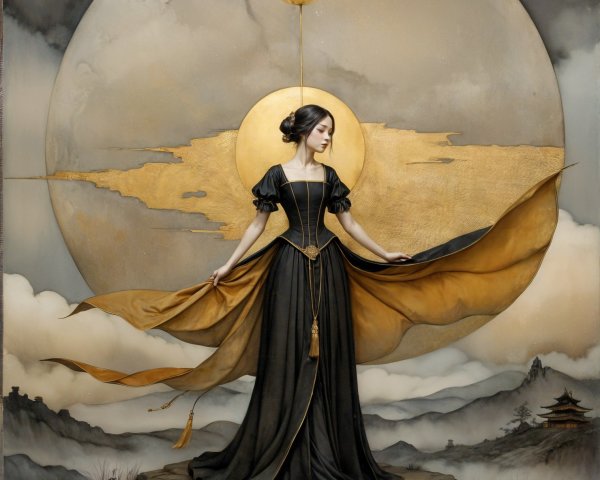 Serene Figure in Black Gown Against Golden Moon