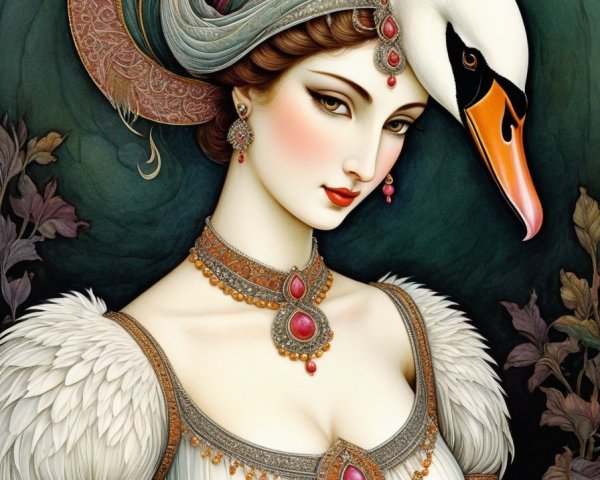 Illustration of a Woman with Swan Features and Jewelry
