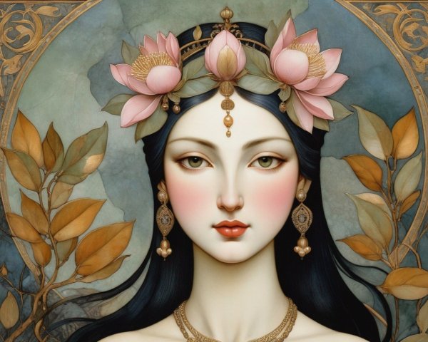 Serene Woman with Lotus Flowers and Elegant Details