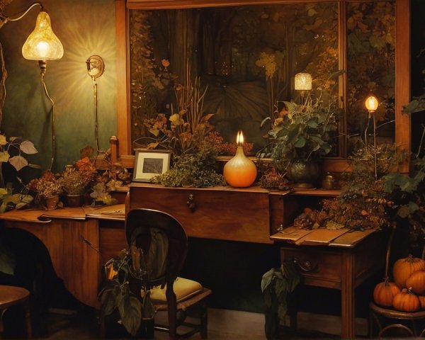 Cozy Autumn Room with Wooden Desk and Greenery