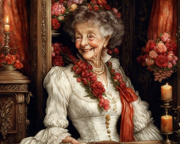 Elderly Woman in Floral Wreath and Vintage Setting