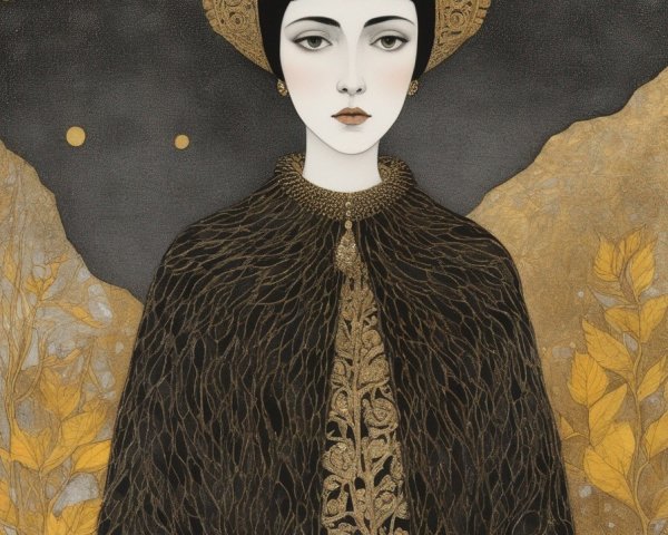 Stylized portrait of a woman with golden halo and cloak