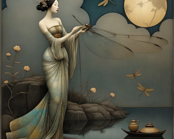 Graceful Woman by Tranquil Lake Under Full Moon