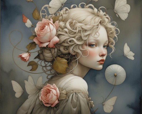 Young woman with curly blonde hair and pink roses