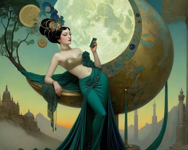 Glamorous Figure in Teal Gown Against Celestial Sphere