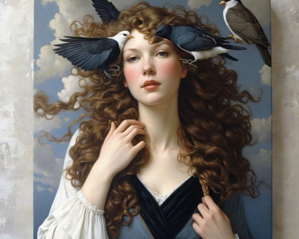 Young Woman with Curly Hair and Birds in Sky Painting