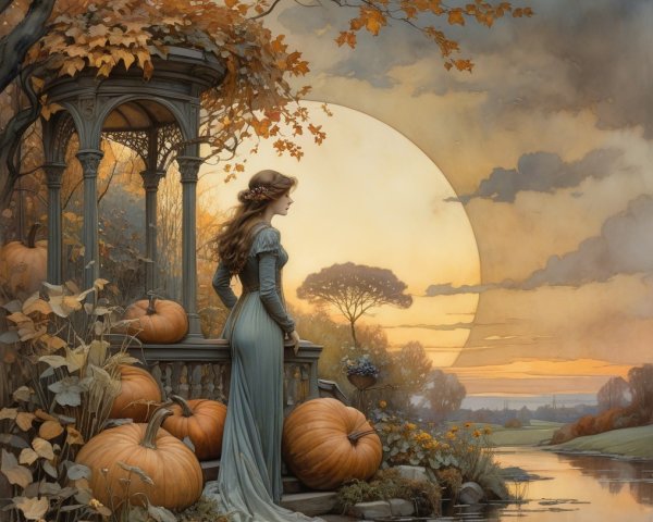 Autumn Scene with Gazebo and Woman in Gray Dress