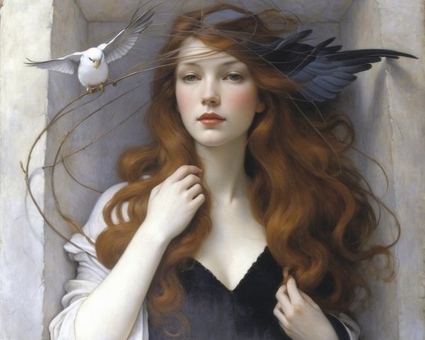Serene Woman with Red Hair and Birds in Artwork