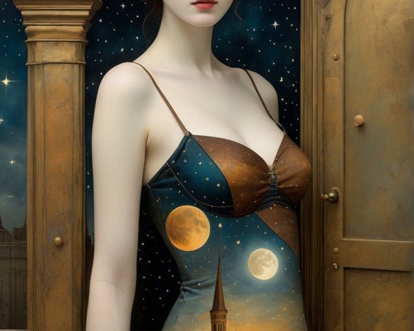 Young woman in dress with moons by ornate door
