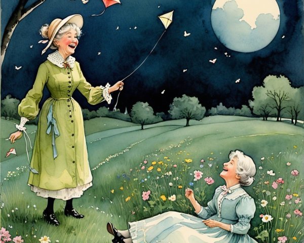 Elderly Women in a Flower Meadow at Twilight