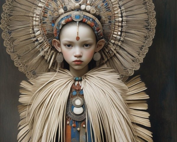 Intricate doll with feathered headdress and serene expression