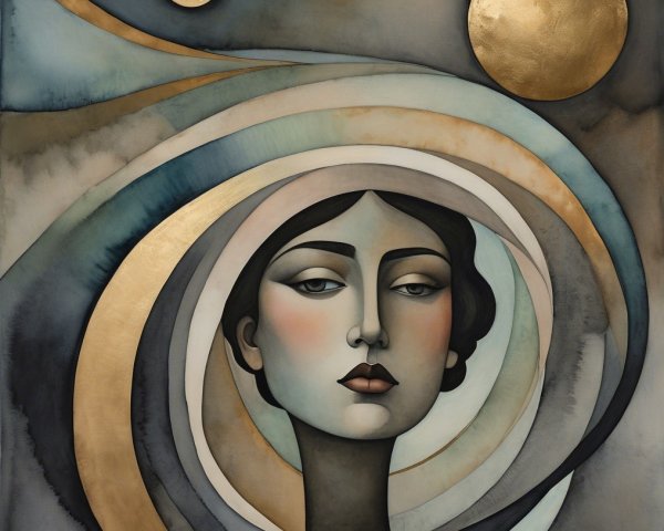 Stylized portrait of a serene woman with abstract shapes