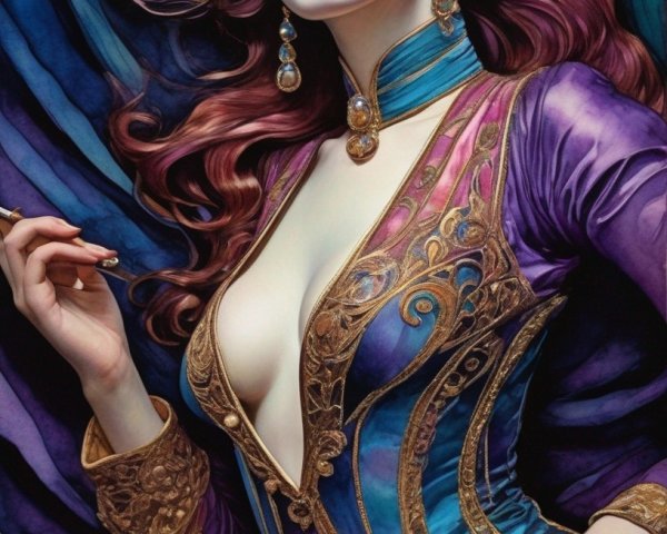 Stylized portrait of a woman with auburn hair and purple attire