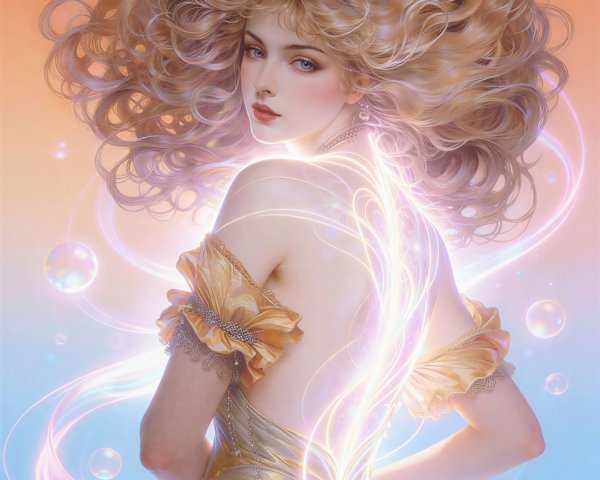 Digital artwork of a woman in a golden gown with curls