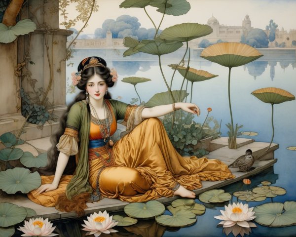 Serene Woman by Tranquil Pond with Lotus Leaves