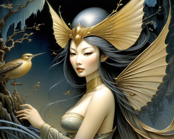 Female figure with butterfly wings and ornate headdress