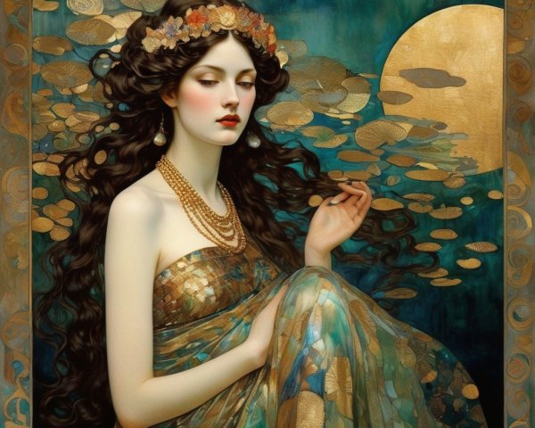 Ethereal woman with dark hair in golden gown under moonlit sky