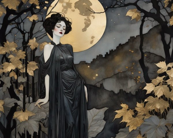 Woman in Dark Dress Among Gold-Leafed Trees and Moon