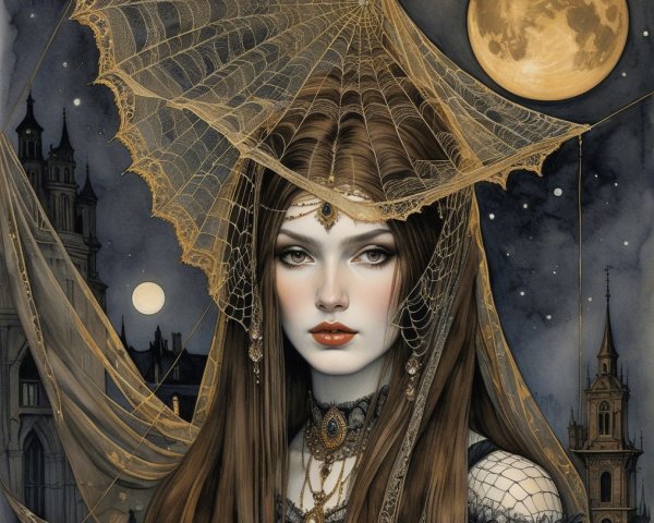 Ethereal Woman in Dark Attire with Moonlit Background