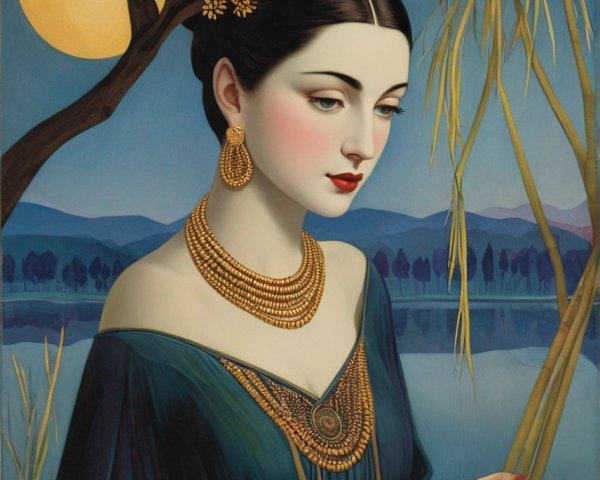 Serene Woman by Calm Lake Under Full Moon