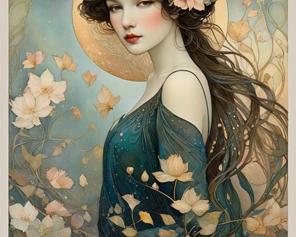 Illustrated woman with flowing hair in blue dress among flowers and crescent moon.