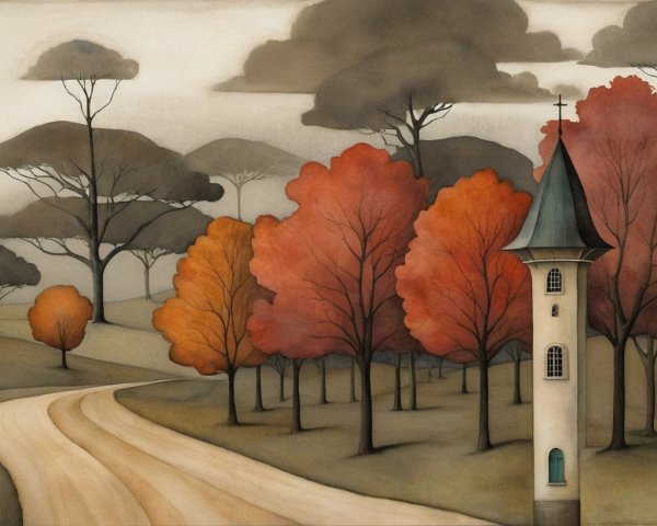 Serene Landscape with Winding Road and Tower