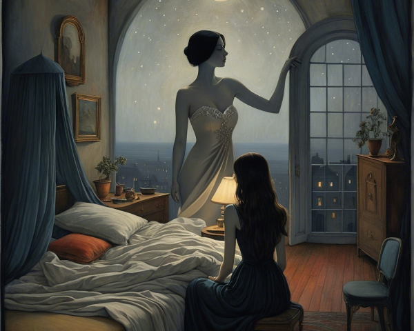 Moonlit Room with Ghostly Figure and Contemplative Woman